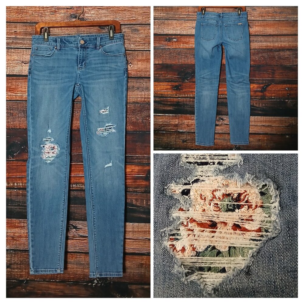 White House Black Market Jeans 2 The Skinny Ripped Floral Patched Denim Stretch